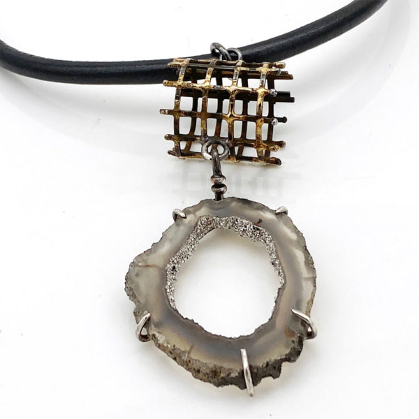Caged Elegance Steel Gold and Druzy Cage Necklace by Susan Wachler Jewelry